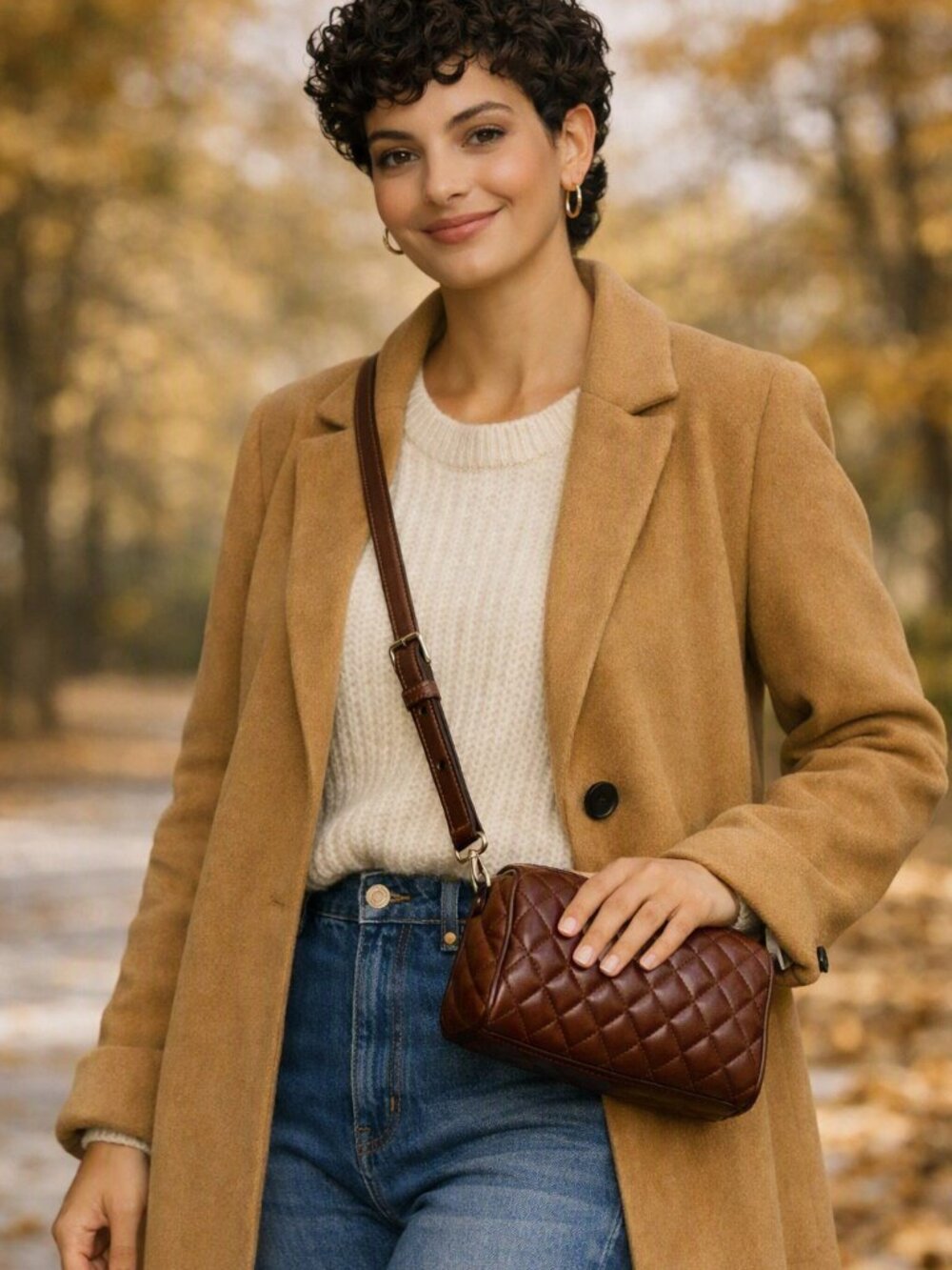 Brown Quilted Barrel Crossbody Bag Faux Leather Adjustable Strap NWT Fall Chic
